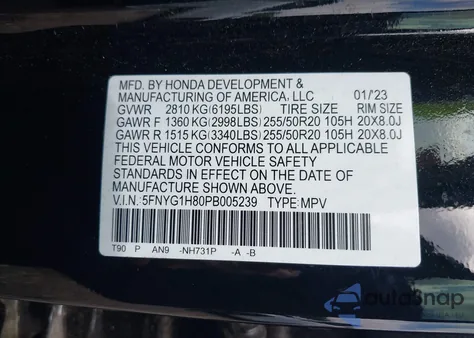 2023 Honda Pilot Awd Elite из США, поврежденный, VIN 5FNYG1H80PB005239